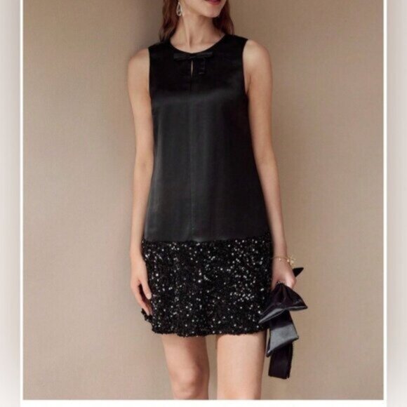 Bow Front Contrast Sequin Hem Mini Dress Black - Picture 1 of 8